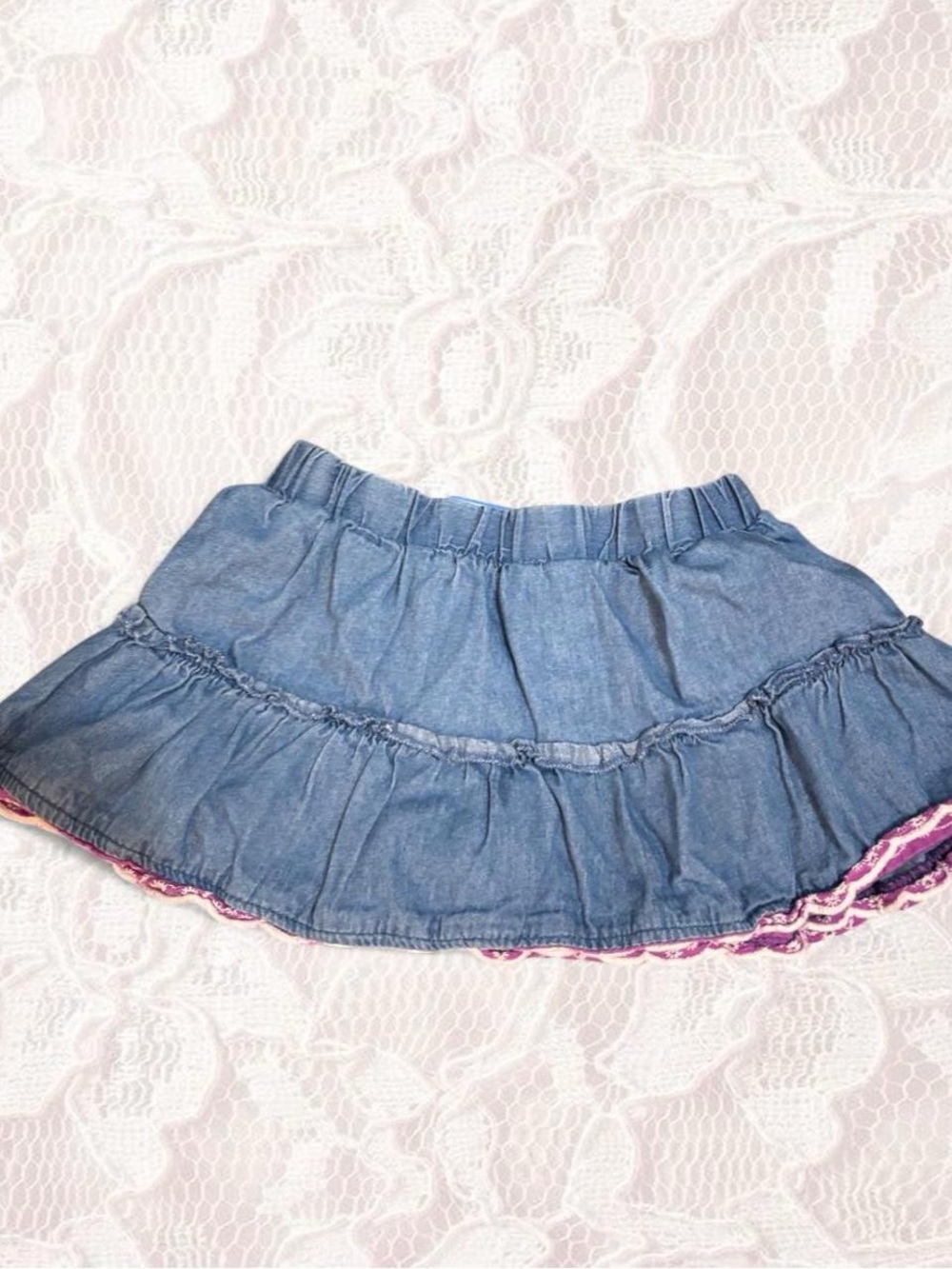 Disney Denim Tiered Ruffle Skirt in Blue with Pink Trim